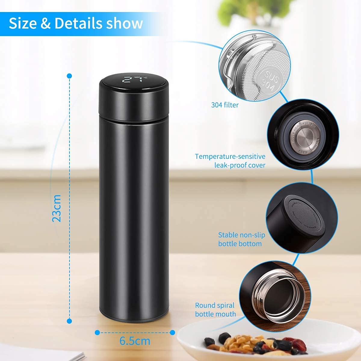 Temperature Display Double Walled Vacuum Insulated Stainless Steel Water Bottle (500ml)