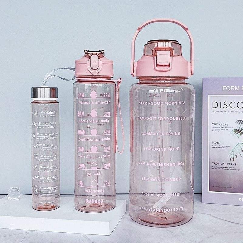 Set of 3 Transparent Water Bottle 2000ML, 900ML, 300ML with Motivational Time Marker |Leak Proof&Break-Proof | Best Usage For Office/School/Gym/Travel (SET OF 3)