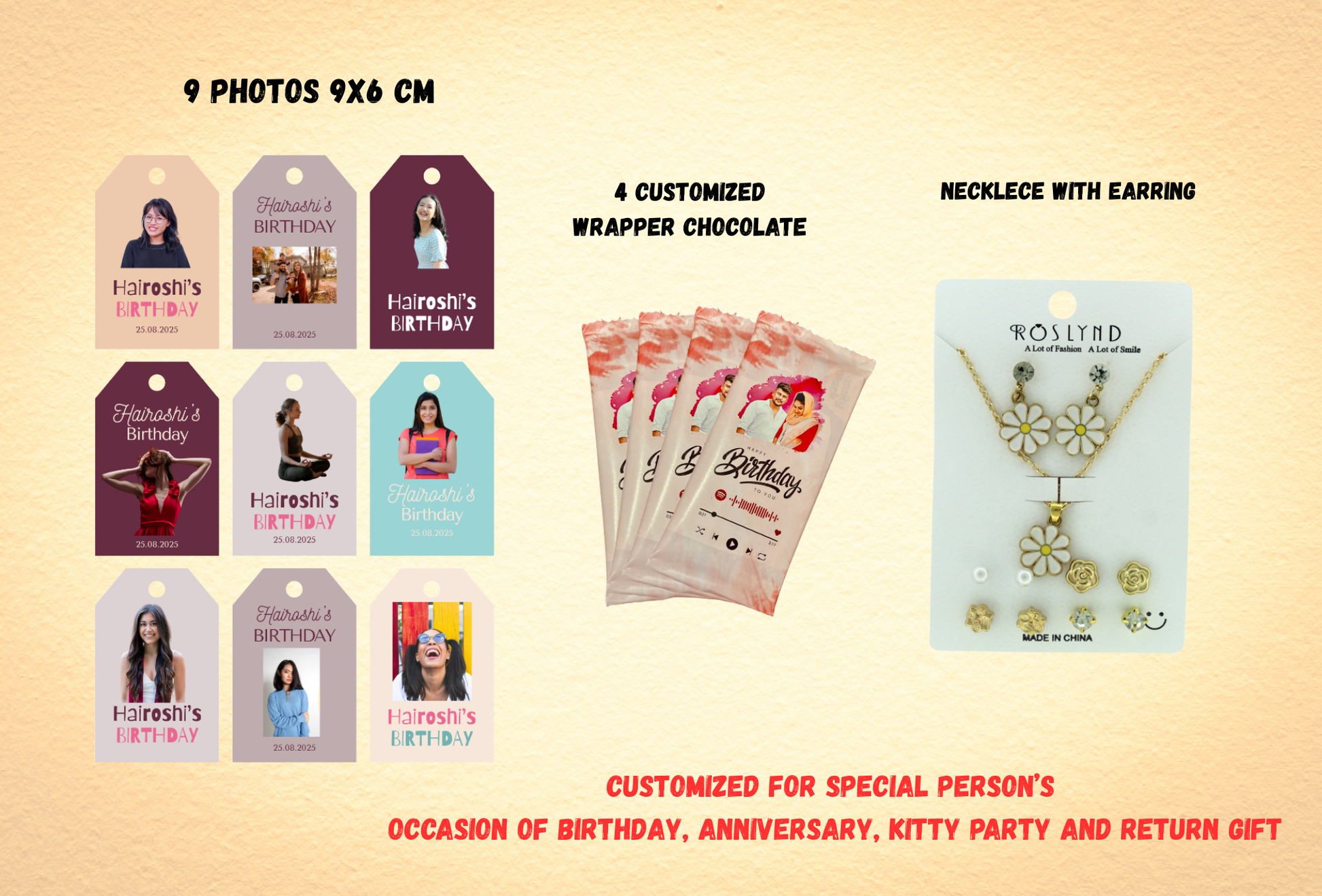 Combo of 4 Custom Wrapper Chocolates, Custom 9 Photo Card 8x6 cm & Necklece Set FLIPZONS