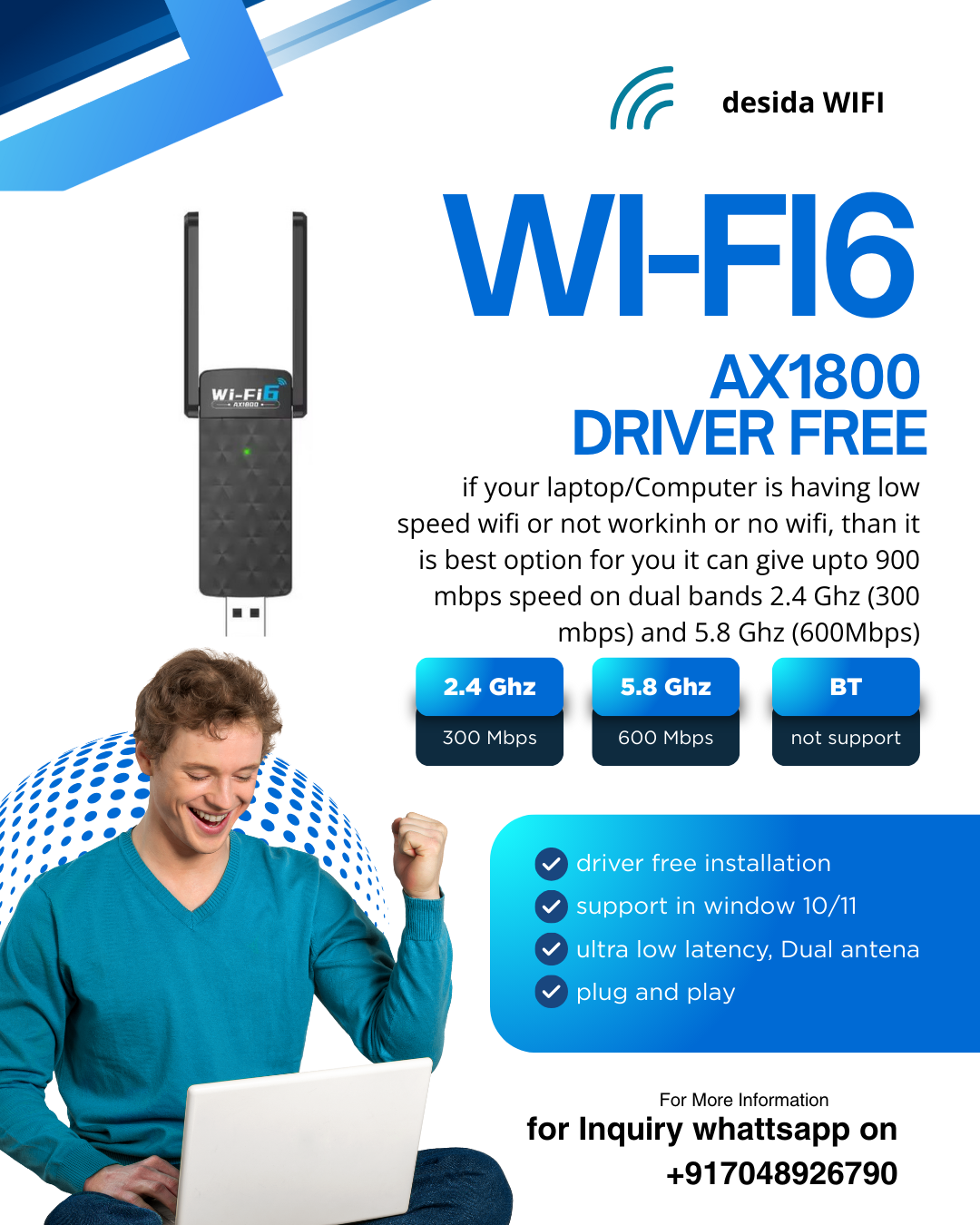 WiFi 6 USB Adapter, AX1800, 2.4 Ghz & 5.8 Ghz Dual Band Wireless Network Dongle FLIPZONS